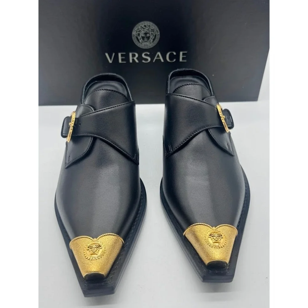 Versace Sabot Leather Western Mule Medusa Gold Toe Black EU 39.5 US 9 NIB - Picture 3 of 14